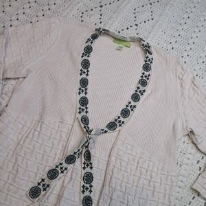 SIGRID OLSEN Womens L Silk Cotton Ribbed Cardigan Embroidered Tie Boho Office